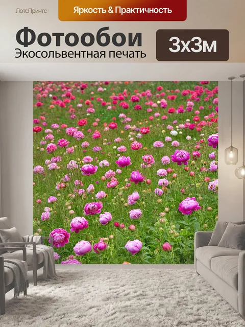 Фотообои пионы в поле, усыпанном цветами, создающие яркое и живое впечатление природы весной