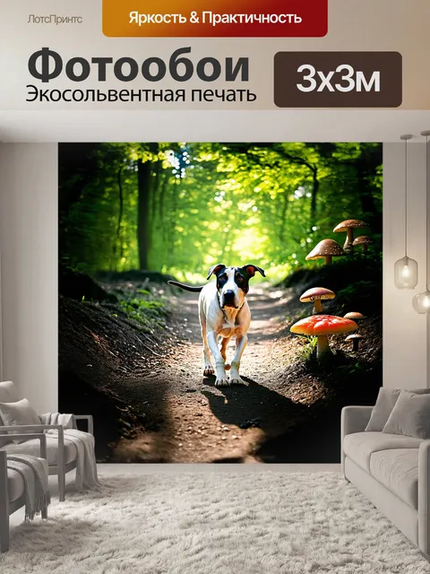 Фотообои бультерьер, грациозно прогуливающийся по лесной тропинке, окружённый зелёными деревьями и яркими грибами…