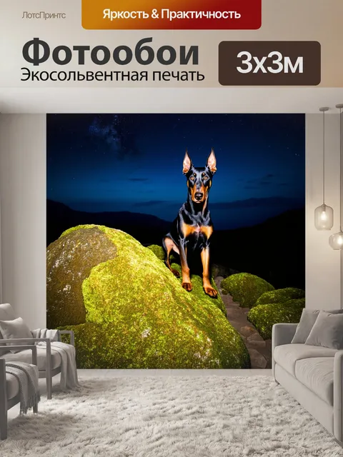 Фотообои в сумерках доберман играет рядом с большим камнем, покрытым мхом