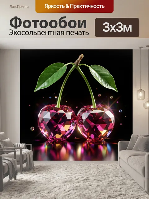 Фотообои Две рубиновые вишни с листьями