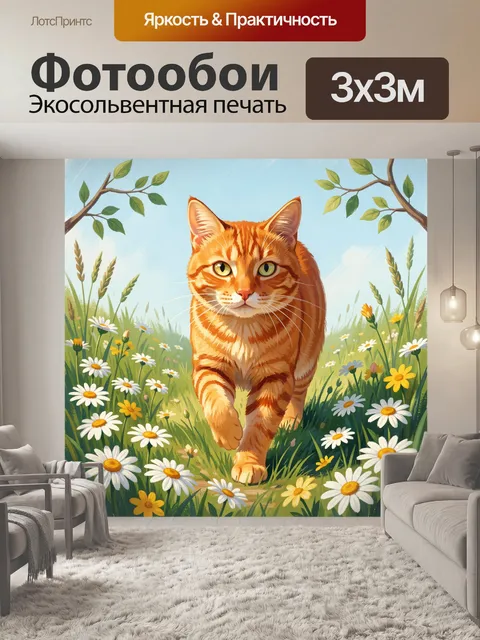Фотообои Рыжий кот среди полевых цветов