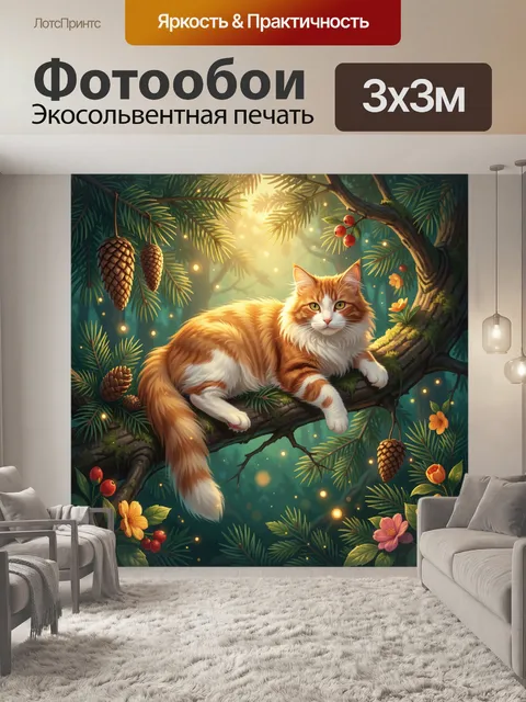 Фотообои Рыжий кот на еловой ветке