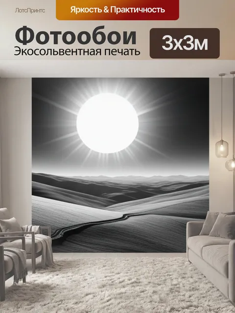 Фотообои глубокий пейзаж с солнцем чернобелый