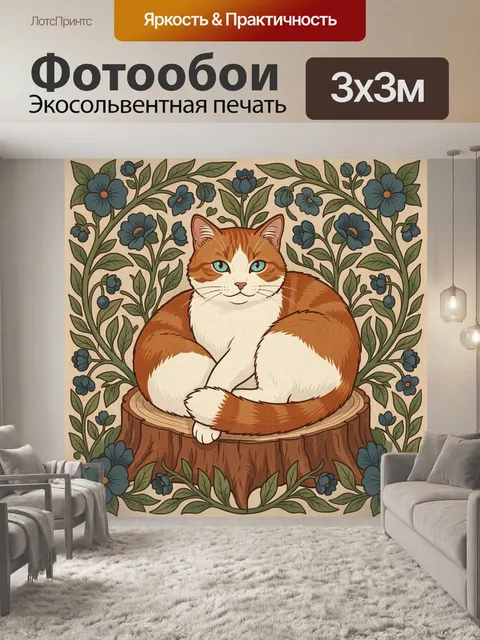 Фотообои Рыжий кот среди цветов