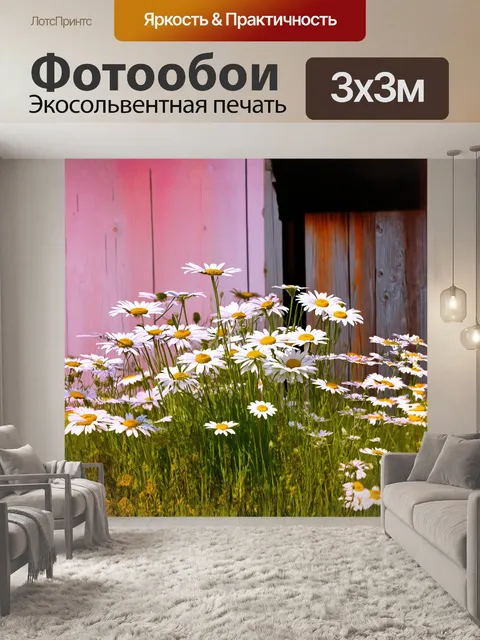 Фотообои романтический букет луговых цветов, где ромашки переливаются на фоне старинной деревянной виллы