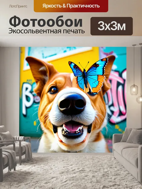 Фотообои бабочка на носу у веселого щенка, городская обстановка и яркие детали, стиль граффити, игривое выражение