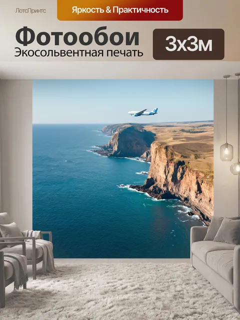 Фотообои самолет, летящий вдоль побережья с прибрежными скалами