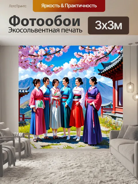 Фотообои группа людей в традиционных корейских ханчжонах, стоящих на фоне живописных гор халласан на острове чеджу