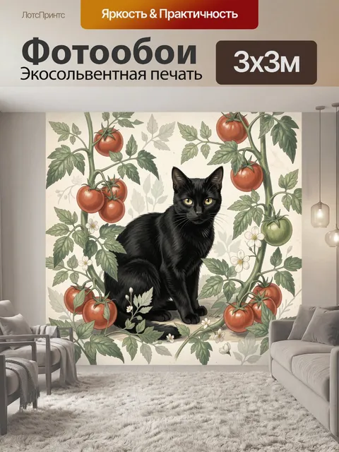 Фотообои Чёрный кот среди томатных лоз