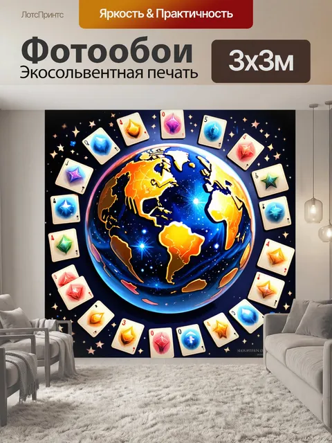 Фотообои стеклянный шар, в который заключен мир звезд и галактик, окруженный картами с астрологическими символами