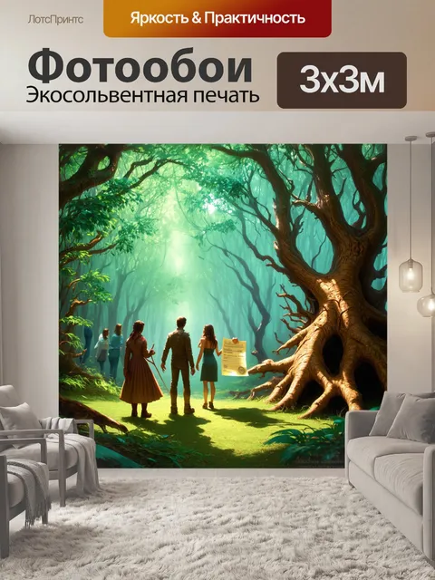 Фотообои мистический лес, где участники спортивного ориентирования пробираются сквозь густую листву и высокие деревья