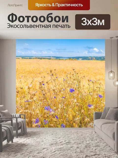 Фотообои Синие и желтые полевые цветы