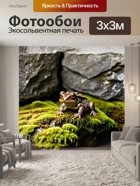 Фотообои жаба, притаившись на мшистой поверхности, акцентирует внимание своим великолепным узором кожи