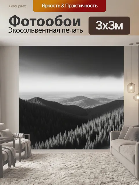 Фотообои лес пейзаж с горы чернобелый