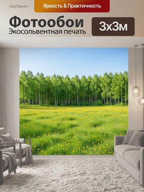 Фотообои Березовая роща и цветущий луг