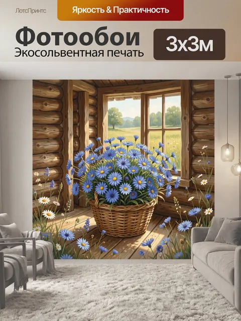Фотообои Синие полевые цветы в корзине у окна