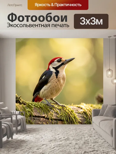 Фотообои Дятел на мшистом бревне