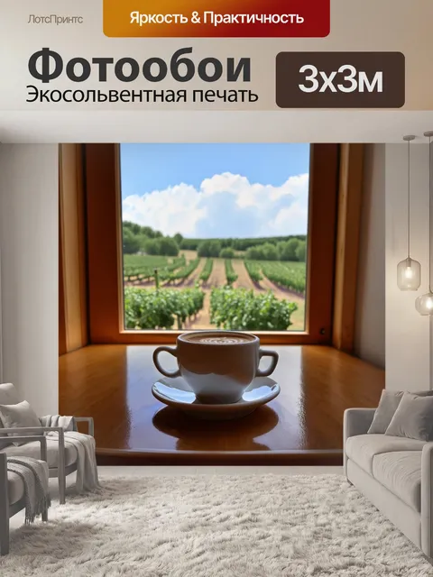 Фотообои прованс - уютное утро с чашкой кофе на деревянном столе, у окна с видом на маслиновую рощу и мягкие облака