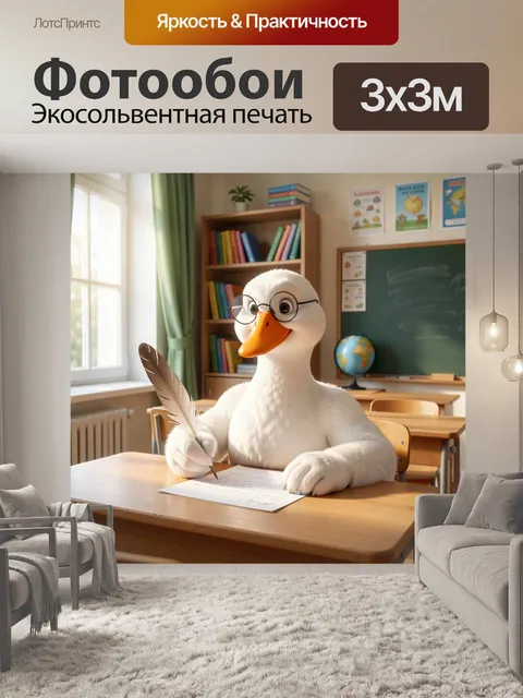 Фотообои Веселый гусь среднего размера с пушистым белым оперением и ярко-оранжевым клювом