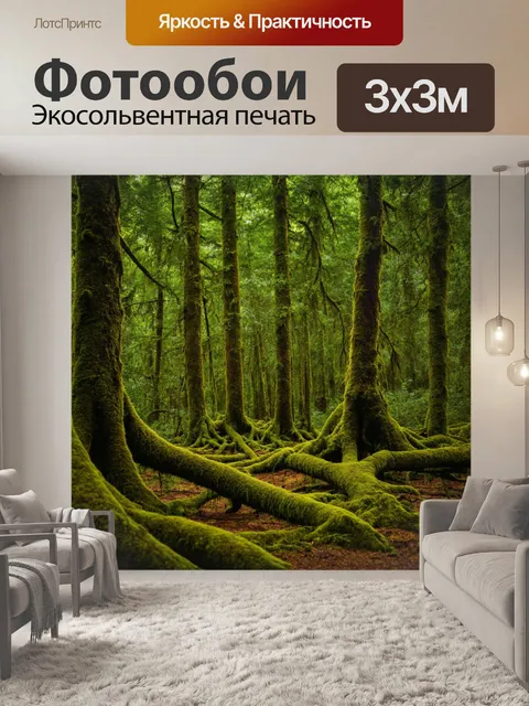 Фотообои лес со старыми деревьями, покрытыми мхом, создающими таинственную атмосферу