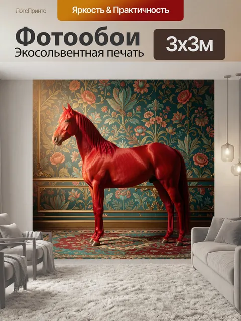Фотообои Красный конь на фоне цветов