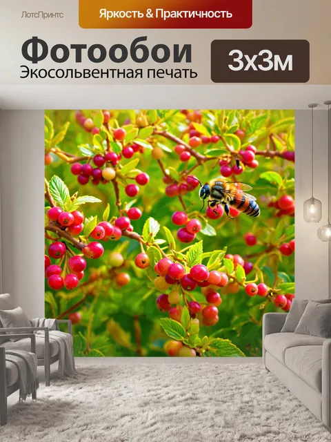 Фотообои поле весенних ягод, где яркие плоды раскрашивают зеленые усы, и пчелы порхают вокруг
