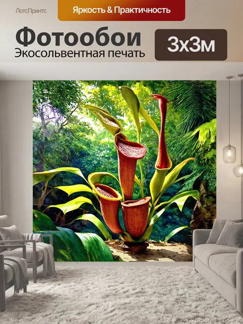 Фотообои на фоне высоких тропических деревьев, непентес раскидывает свои цвета в ботаническом саду будапешта
