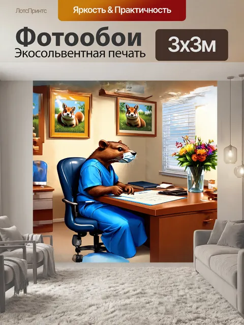 Фотообои бобр в синем, одетый в хирургическую униформу, внимательно изучает результаты анализов, сидя за столом в…