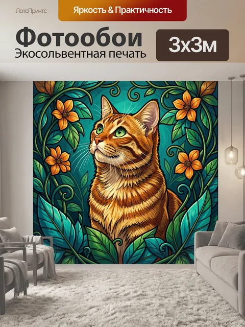 Фотообои Рыжий полосатый кот в листве