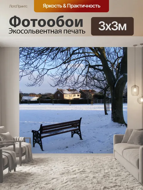 Фотообои Парковая скамейка и дерево в снегу, солн