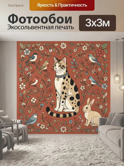Фотообои Кот с птицами и зайцем