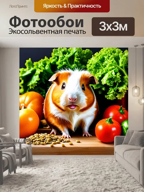 Фотообои на деревянном столе, украшенном зелеными листьями и разнообразными кормами, весело позирует домашняя морская…