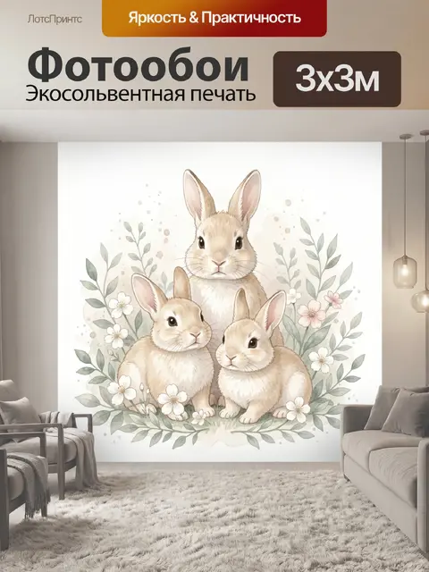 Фотообои Три кролика среди цветов