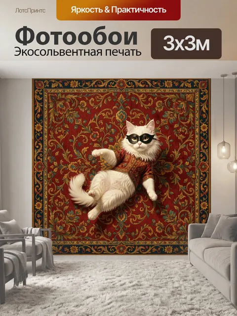 Фотообои Белый кот в маске на ковре