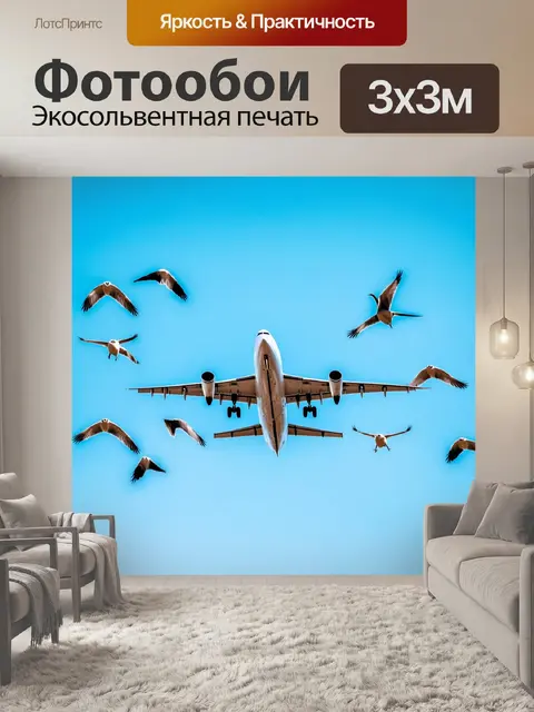 Фотообои самолет, окруженный стаей птиц в голубом небе