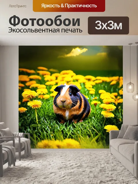 Фотообои морская свинка, гордо сидящая на зелёной траве, её черный загар контрастирует с яркими цветами одуванчиков