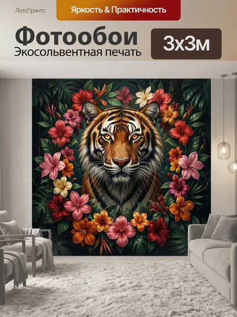 Фотообои Тигр в окружении тропических цветов