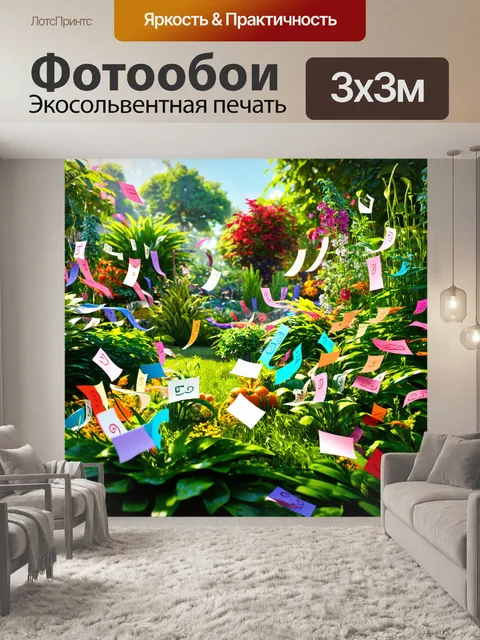 Фотообои огород, в котором растут ноты вместо овощей, с яркими цветами и сочной зеленью