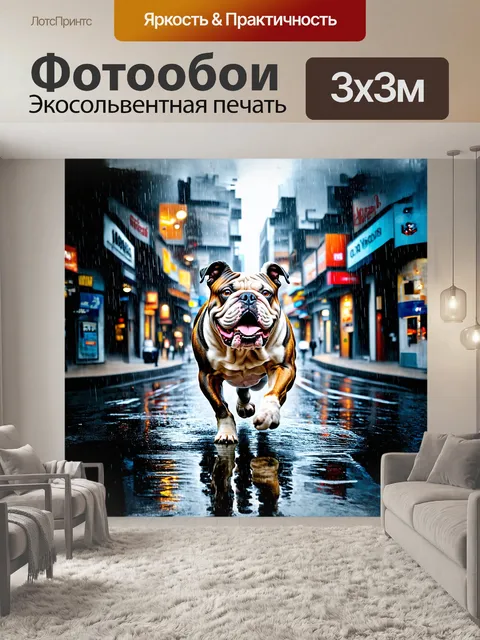 Фотообои под дождём, в серых, мокрых улицах города, бульдог бежит, радостно и беззаботно, его шерсть промокла и…