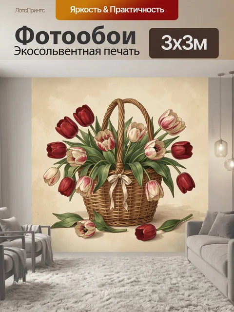 Фотообои Корзина с красными тюльпанами