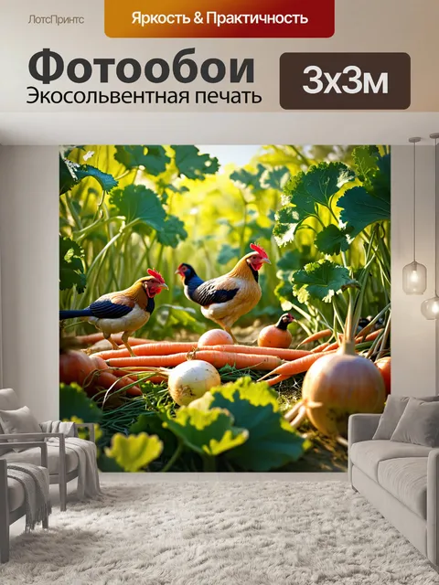 Фотообои птицы блуждают между редькой и морковью на огороде, запечатленные в технике реализма