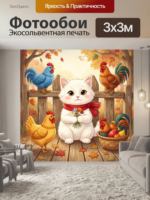 Фотообои Белый котёнок с петухами