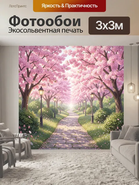 Фотообои Весенняя аллея сакуры с фонарями