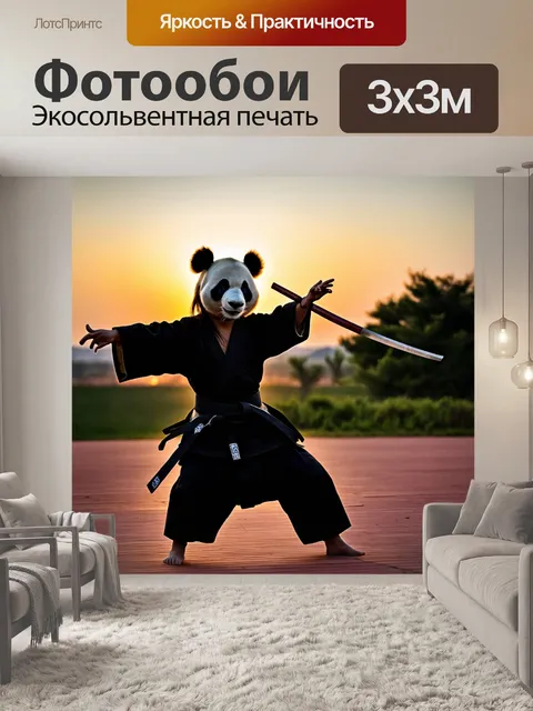 Фотообои панда каратист, выполняющая технику "вакизаси" с деревянным мечом на закате, освещая её силуэт