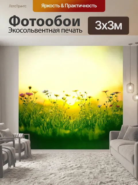 Фотообои замысловатая композиция диких цветов, растущих среди зеленой травы на фоне заката