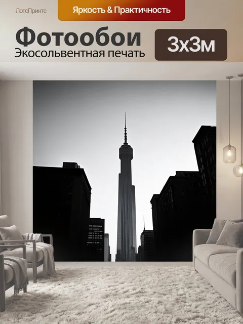 Фотообои черно-белый, изображающие высокие башни и здания на фоне вечернего неба