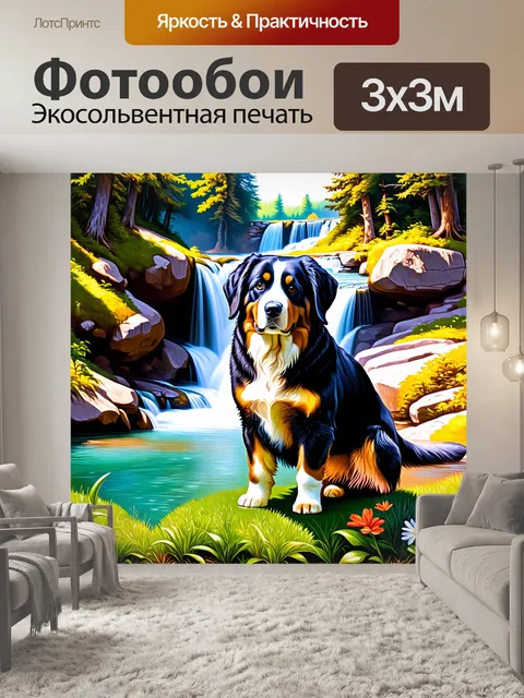 Фотообои бернский зенненхунд, стоящий на фоне живописного водопада в лесу