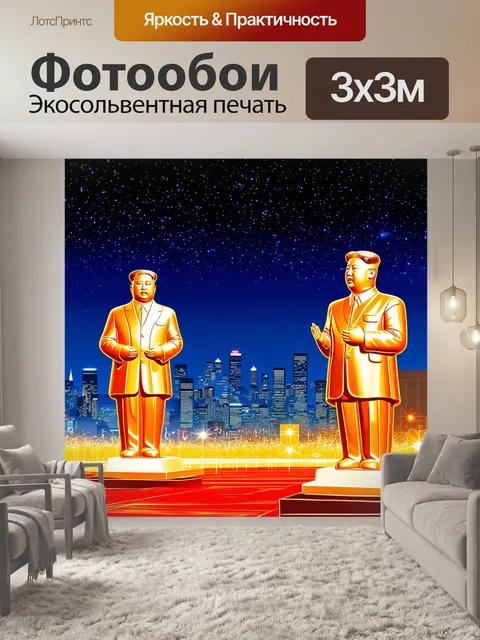 Фотообои ночной город с мерцающими огнями и статуями ким чен ына, гармонирующими с небом, полным ярких звёзд