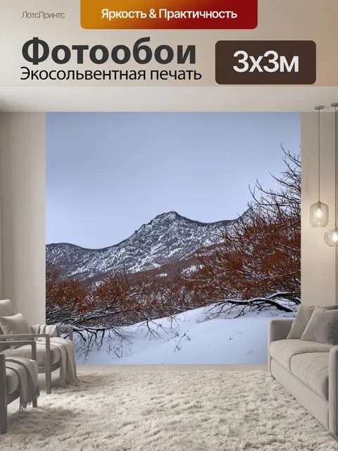 Фотообои коричневое количество снега, покрывающее горные вершины, с ветвями деревьев, нагнутыми под тяжестью