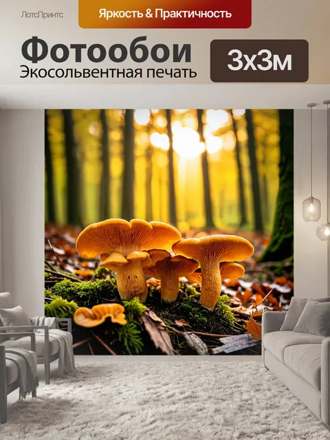 Фотообои грибы лисички на фоне заката в лесу, с золотистыми лучами света, напоминающими о духе осени